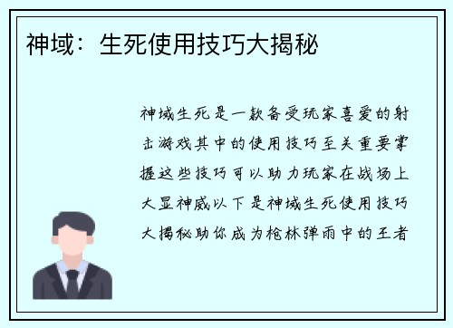 神域：生死使用技巧大揭秘